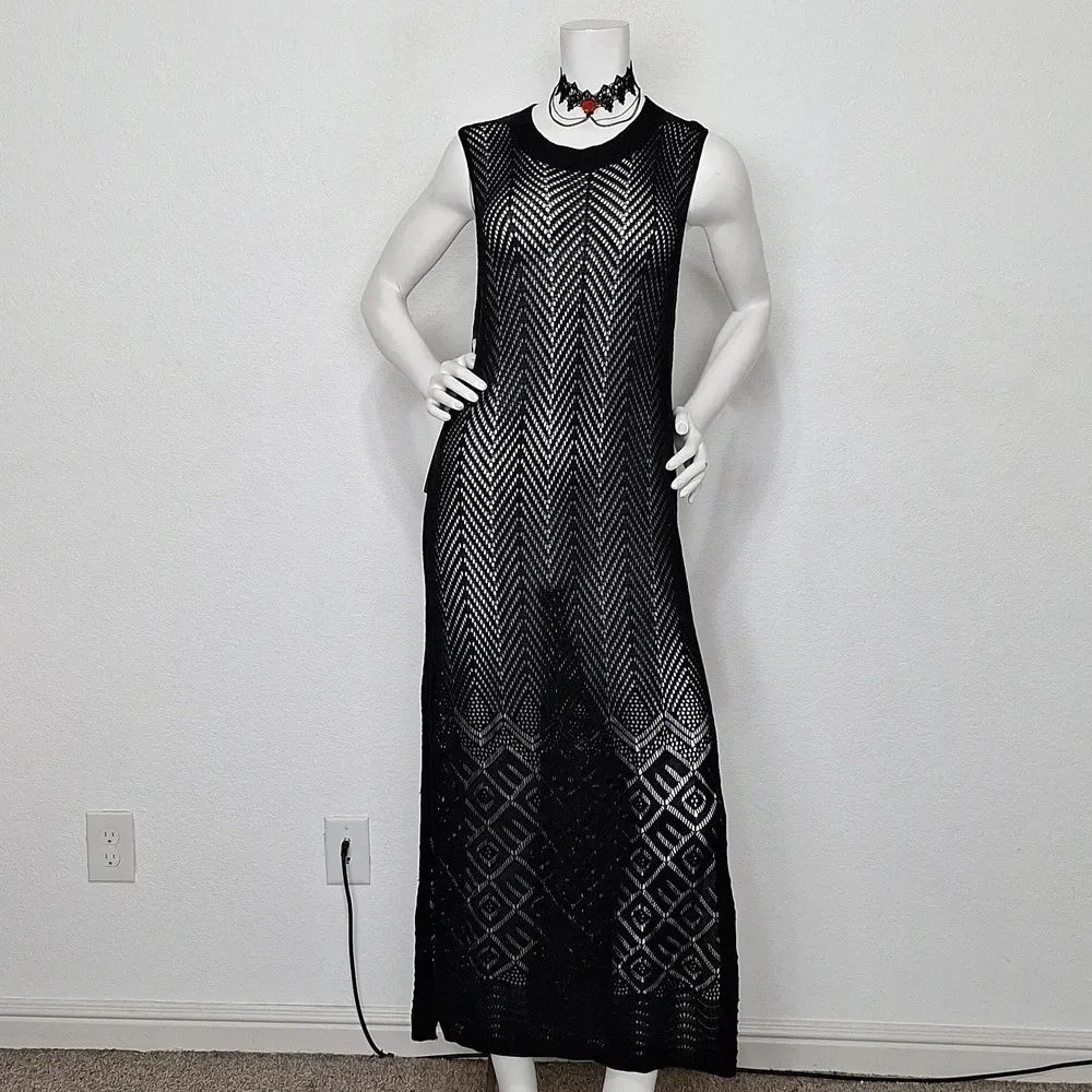 Joie Black Romantic Goth *NEW* Witchy Crochet Knit Whimsigoth Maxi Dress Size XL